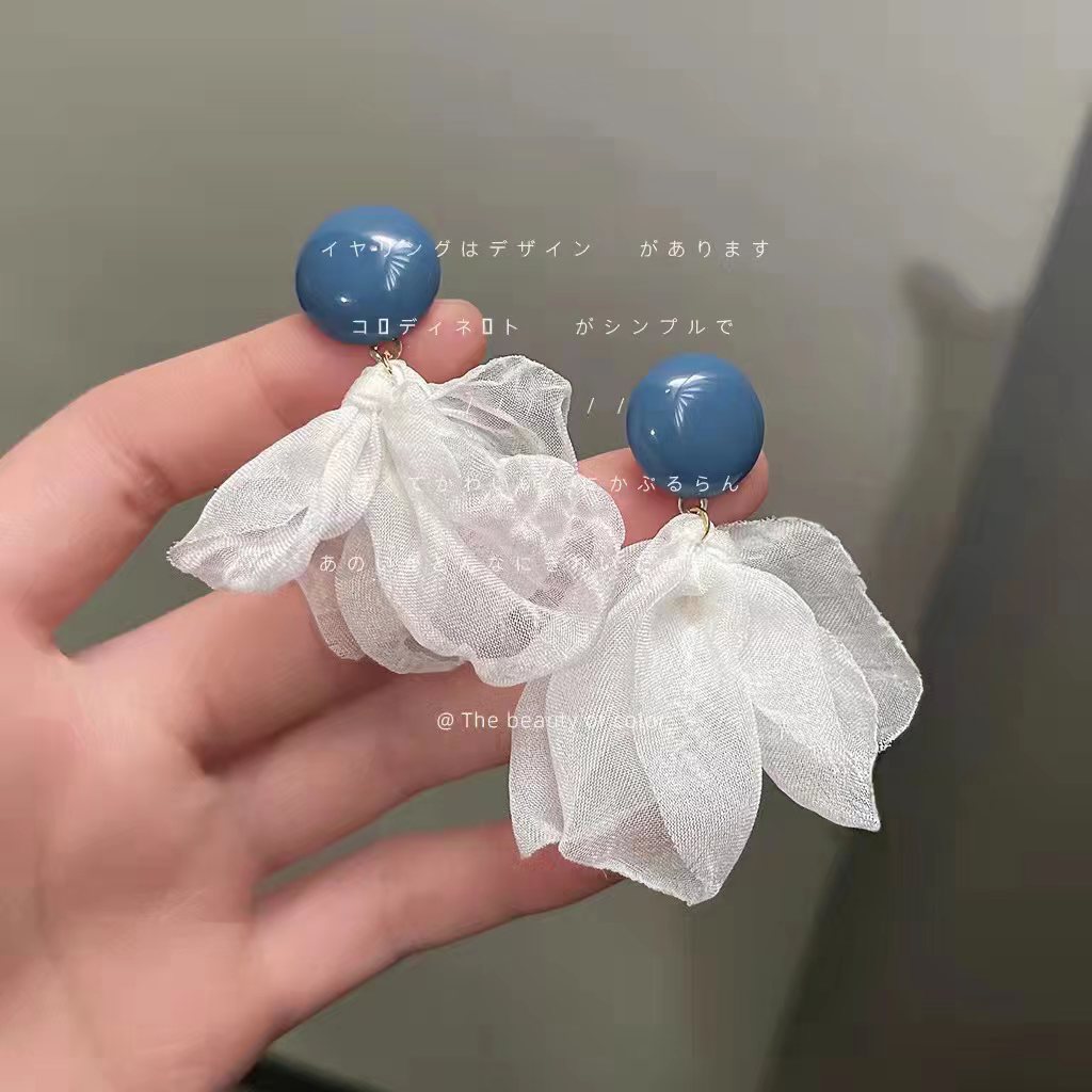 Haze Blue~Silver-Plated Fairy-Style Mesh Flower Earrings for Women, Korean and Japanese Sweet Ins-Style Earrings, Factory Wholesale Earrings
