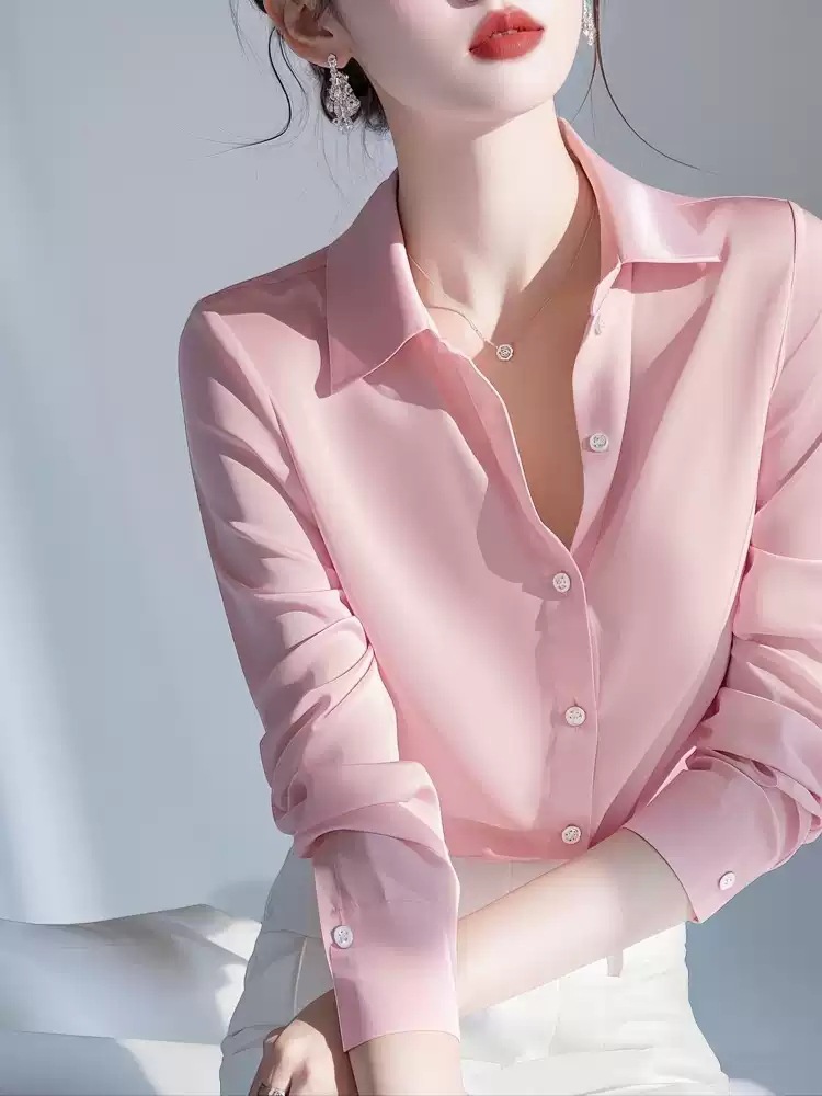 Fashionable and Beautiful Chanel Style Pink Satin Long-sleeved Shirt Women's Spring New Western Style Good-looking Commuting Stacked Shirt