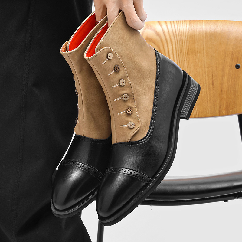 British Style Chelsea Men's Boots, Commuter Casual Pointed-Toe Martin Boots with Button Detailing, Trendy Height-Increasing Work Boots for Men