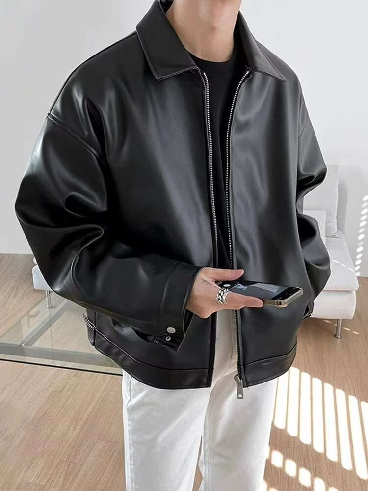 Korean Style Leather Jacket Men's High-end Early Spring and Autumn Retro Jacket Trendy New-style Handsome Cross-border Loose Simple Biker Suit