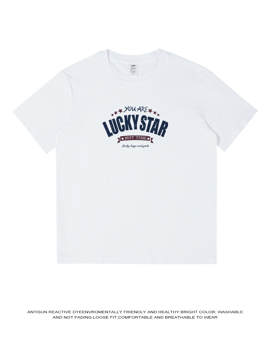 230g American Retro Trendy T-Shirt Men's Street Round Neck Loose Letter Short-Sleeved Women's Ins Half-Sleeved Lazy Style Top