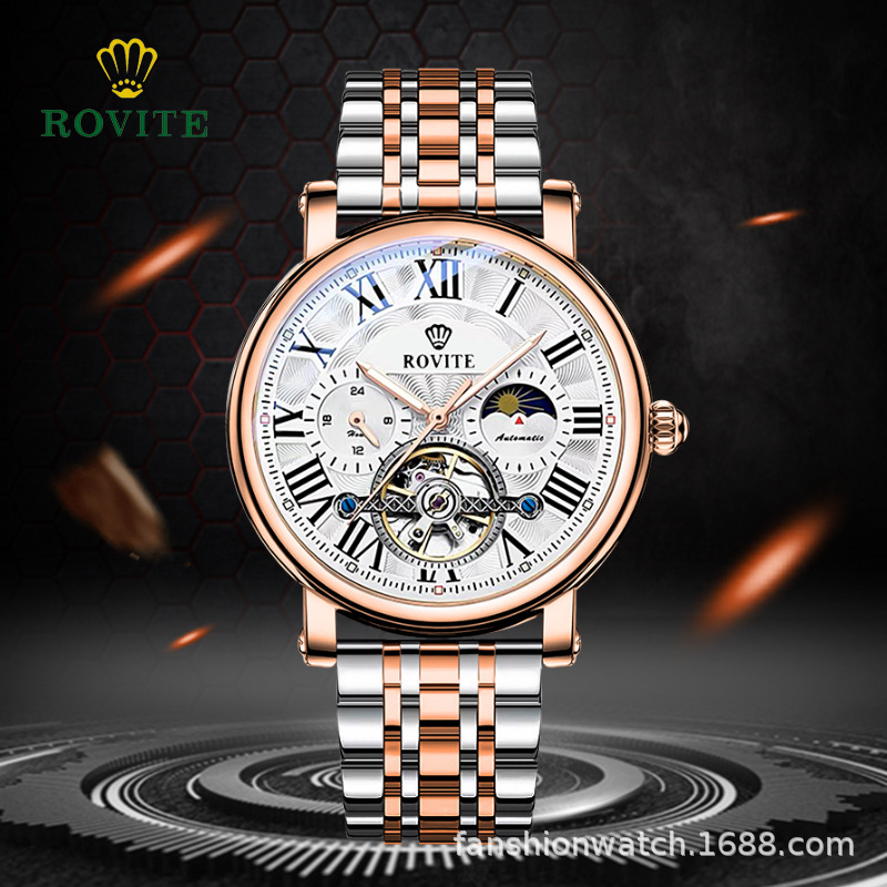 Rovite Business Men's High-End Mechanical Watch with Sun, Moon, and Stars, Luminous, Waterproof, Skeleton Design, Fully Automatic Mechanical Watch for Men