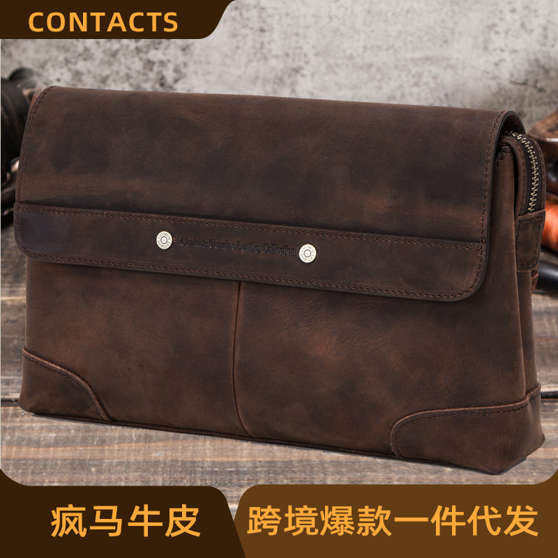 Black Angel Factory Supply Crazy Horse Leather Men's Clutch Bag Multifunctional Genuine Leather Casual Storage Bag Handbag