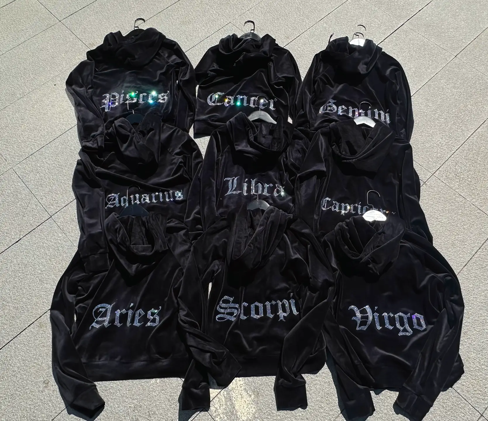 Mei C's New 12 Zodiac Letter Black Velvet Rhinestone Hooded Zipper Sweatshirt