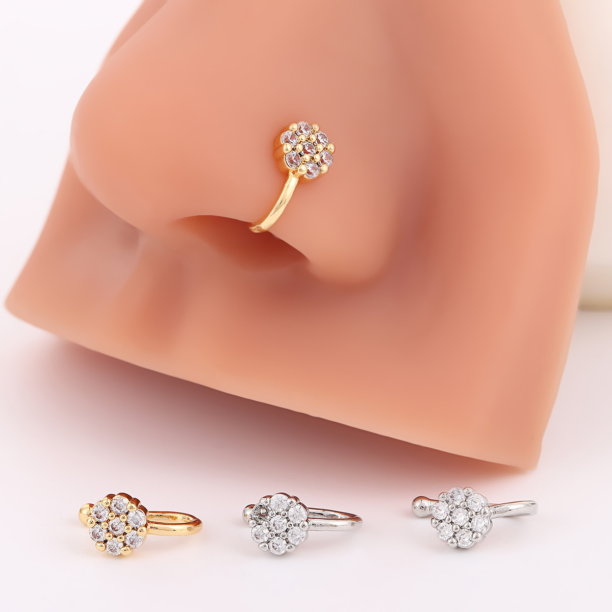 European and American Cross-Border Round Flower Zircon Nose Nail Stylish Simple Non-Pierced U-Shaped Nose Clip Accessible Luxury High-End Nose Ring