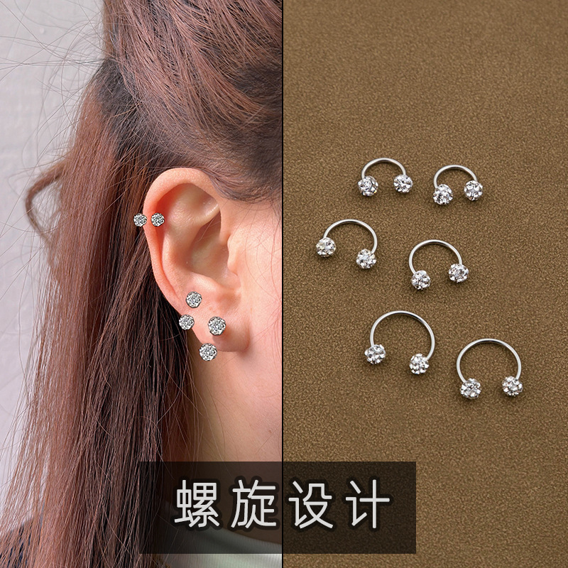 Cross-border Amazon full Diamond Geometric round high-grade C- shaped ear bone stud simple spiral design U-shaped ear stud