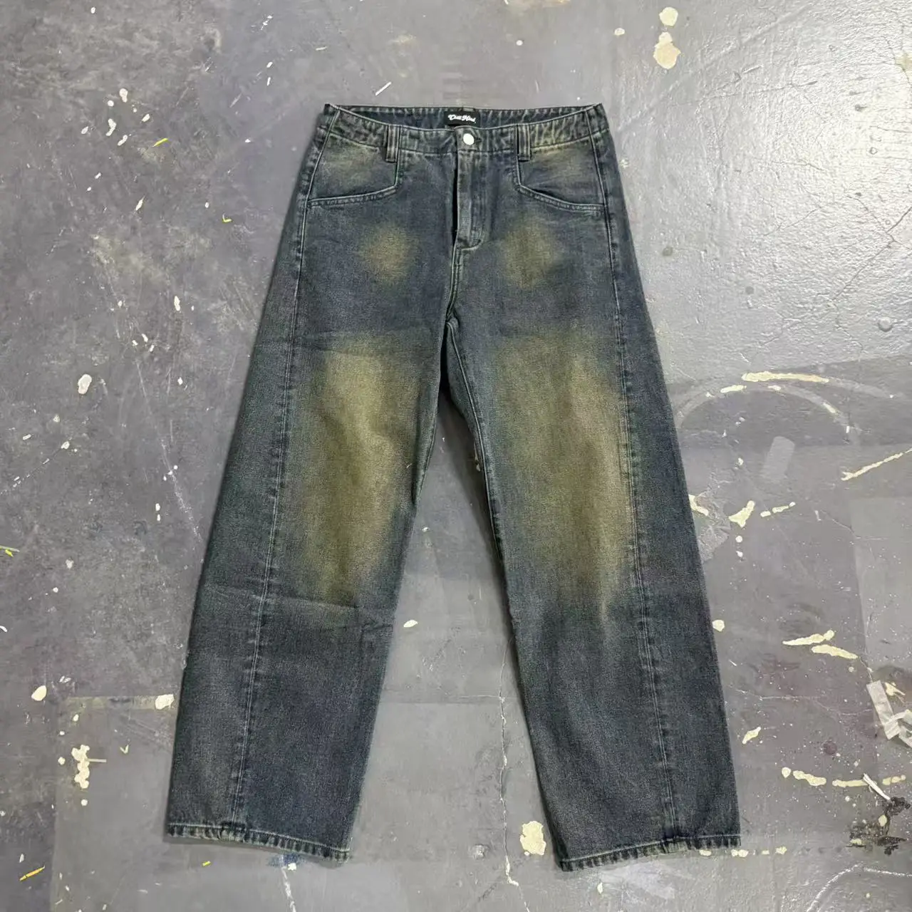 CHiLLMIND American retro Heavy weight Wash Old Denim Men's Loose Straight-leg Wide Leg Casual Yellow Mud Wash