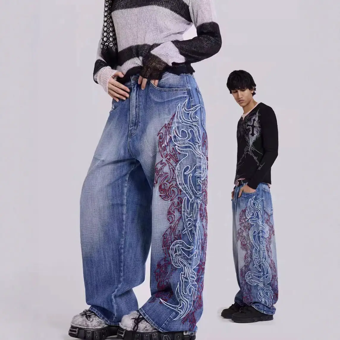 Jaded London Two-Tone Totem Embroidered Washed Vintage Loose Jeans Wide-Leg Pants