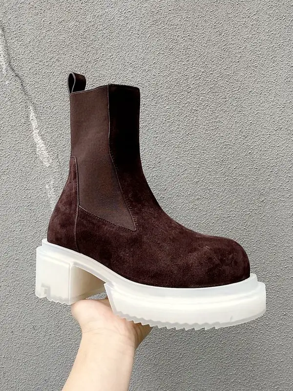 Coffee-Colored R0 High-Top Chelsea Boots with Transparent High Heels, Thick Soles, Sky-High 10cm Internal Height Increase, Large Round Toe, Unisex Boots