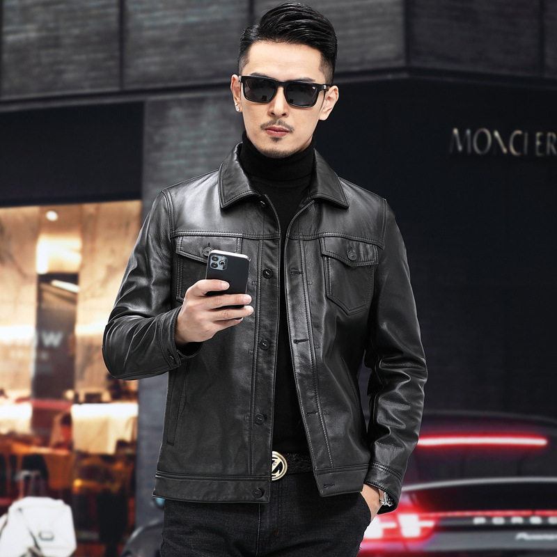 Haining Factory Genuine Leather Jacket Men's First-Layer Cowhide Lapel Motorcycle Leather Jacket Men's Handsome Fashionable Leather Jacket Genuine