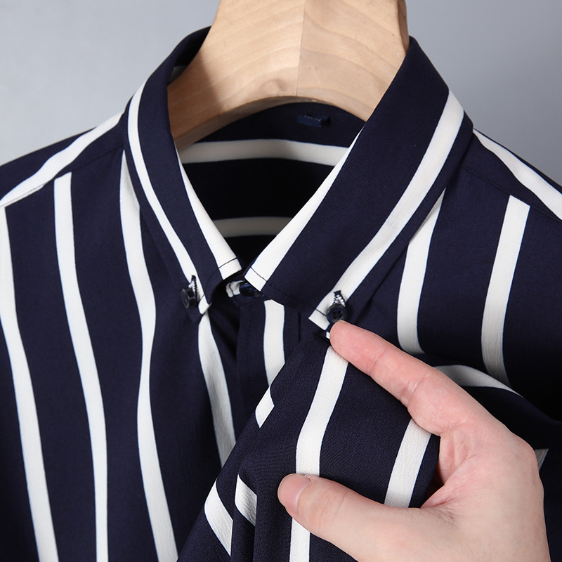 Men's striped shirt foreign trade cross-border supply wholesale buckle collar long sleeve no pocket business casual all-match shirt men