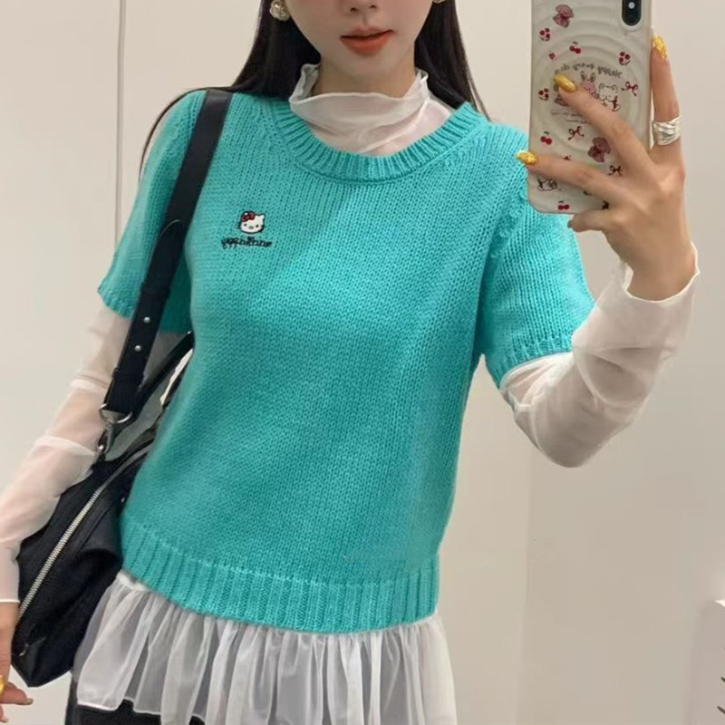 2026 Early Spring New Style Cute Cat Embroidered Short-Sleeved Knitwear Korean Style Slim Fit Short Pullover Knitwear for Women