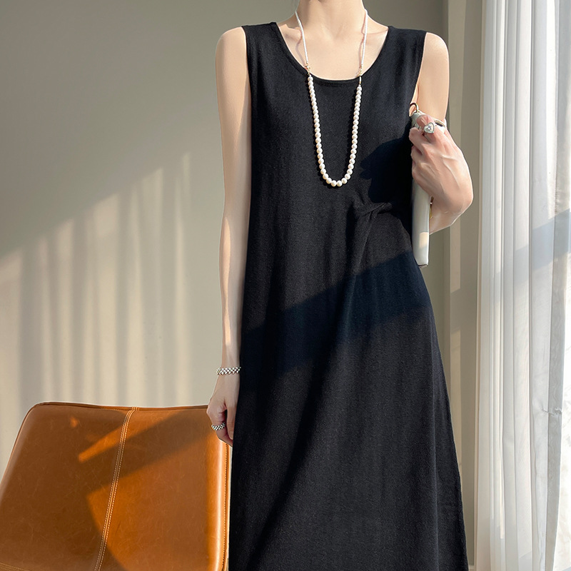 Spring and Summer New Style Worsted Wool Pure Color Knitted Dress Women's Round Neck Loose Slim Vest Dress Sleeveless Long Dress