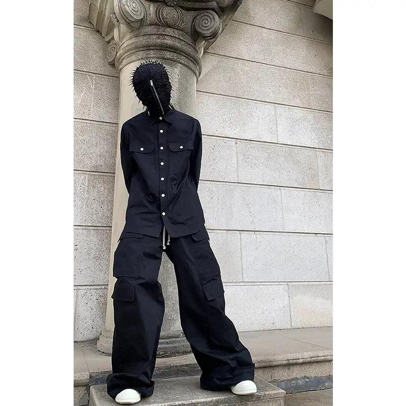 Pink elephant, dark RO style, black workwear shirt, loose fit, long sleeved, casual trend, metal buckle decoration