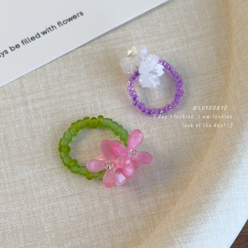Spring Dopamine Color Beaded Flower Ring Women's High Sense Temperament Open Ring Niche Design Finger Ring