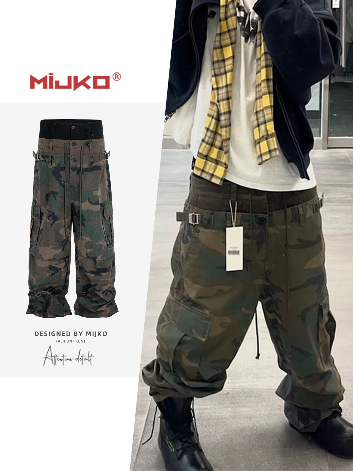 Mijko Men's and Women's Three-Waist Splicing Camouflage Cargo Cargo Pants with Buckle Waist Design Casual Straight Pants Trendy