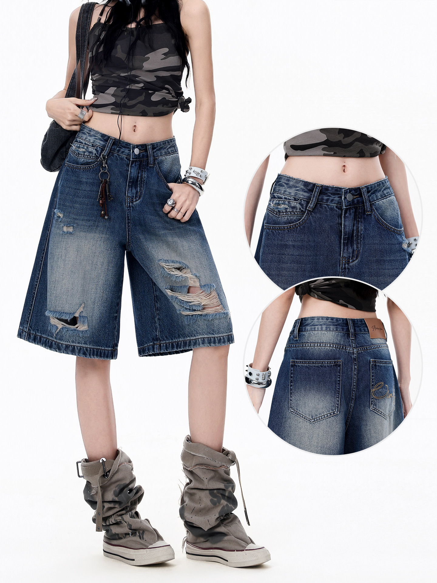 Summer Retro Washed Straight High-Waisted Ripped Denim Shorts for Women, Nostalgic Blue Five-Point Wide-Leg Mid-Length Pants