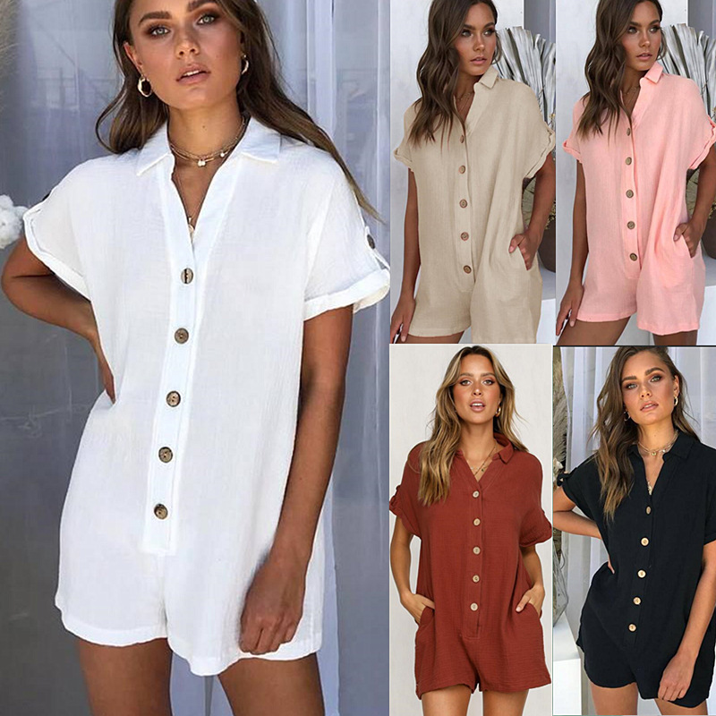 In Stock! Cross-Border European and American Fashion Women's Clothing 2026 Spring/Summer New Arrivals Ebay Best-Selling Lapel Shirt Button Jumpsuit