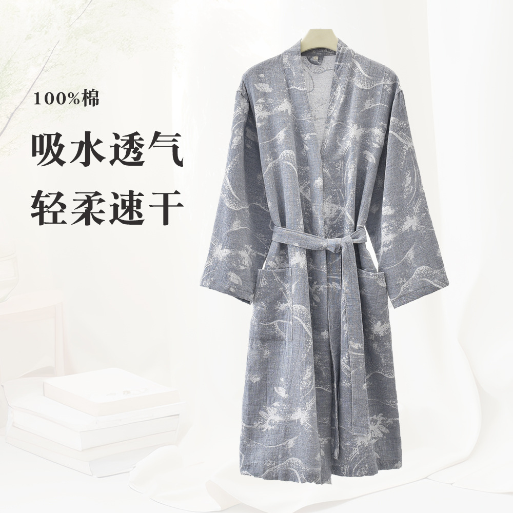 Pure cotton yarn-dyed jacquard nightgown loose men's long Japanese kimono 200kg plus size lace-up bathrobe sweat