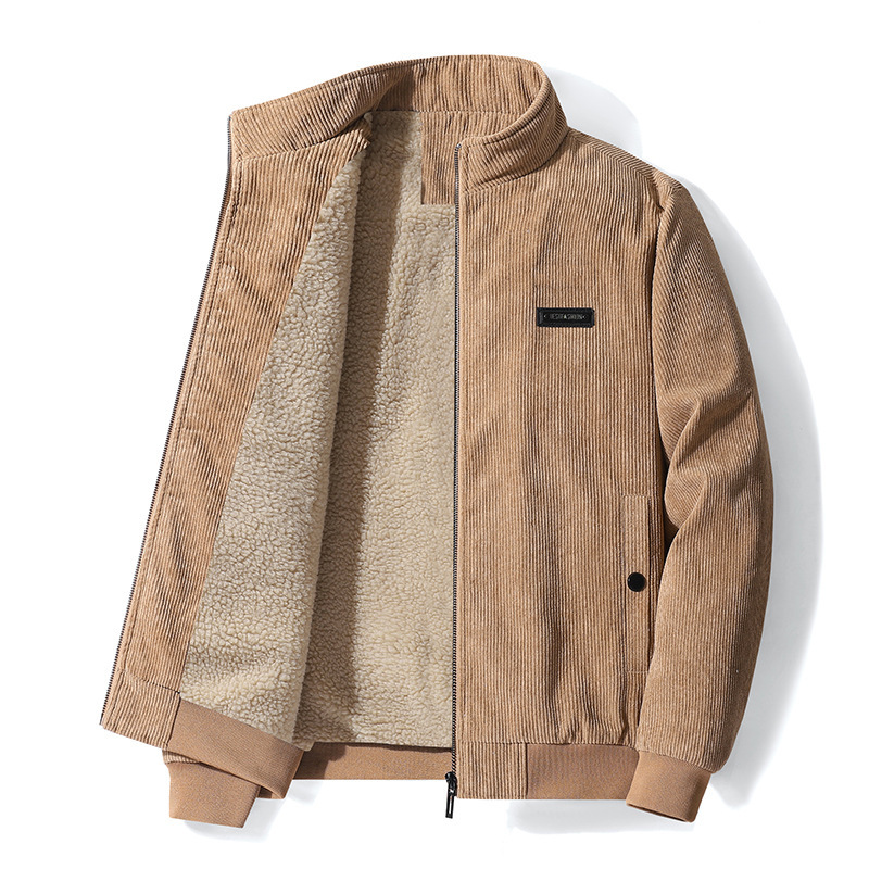 Autumn and Winter Men's Coat with Lamb Wool Lining, Thickened Corduroy Workwear, Fashionable Casual Loose Men's Warm Cotton Jacket