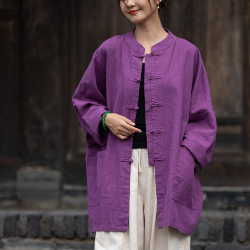2026 Spring New Cotton and Linen Women's Clothing Ramie Sand-Washed Vintage Zen Style Chinese Button Cardigan Women's Linen Jacket