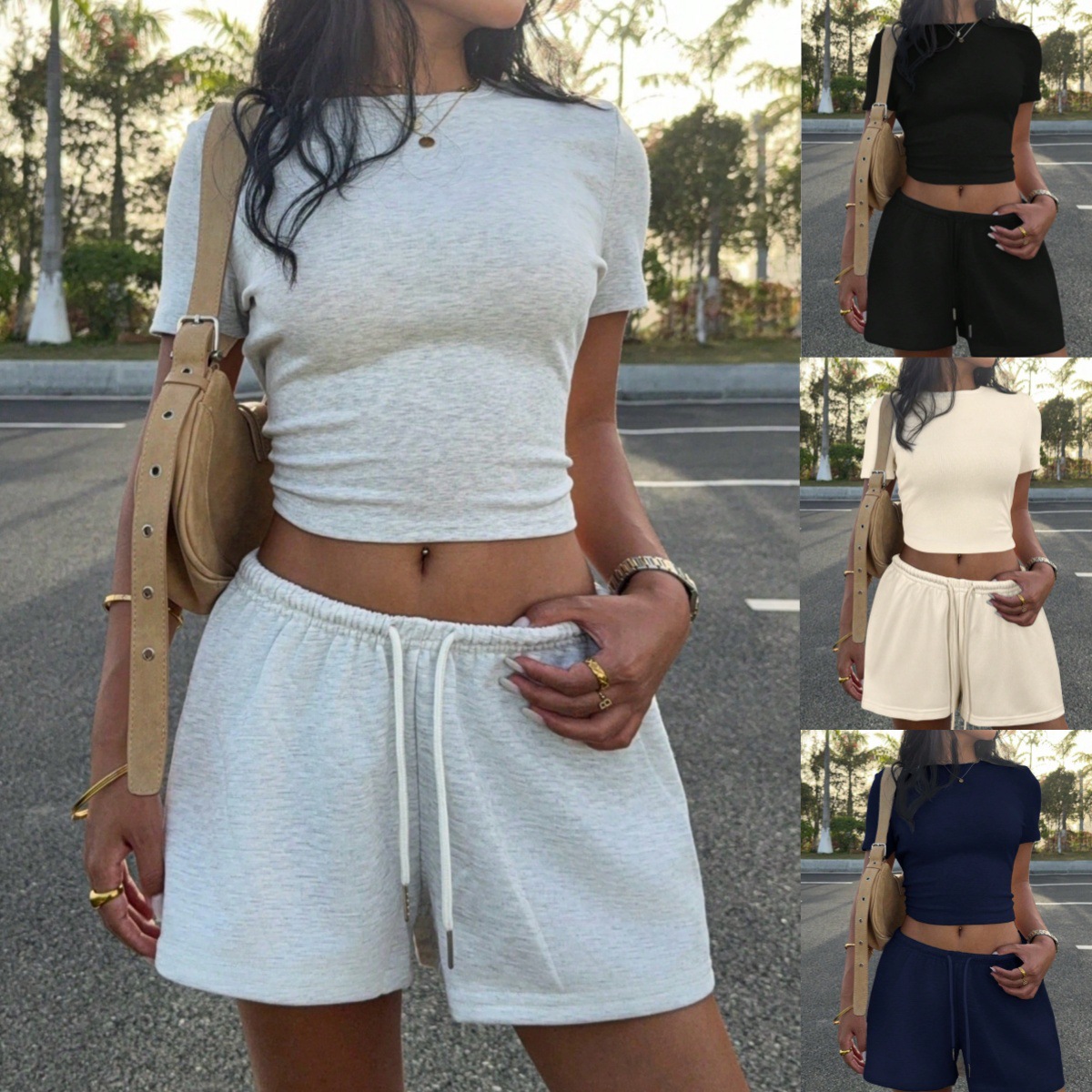 2026 Cross-Border European and American Shein New Women's Casual Slim-Fit Waist-Cinching Short-Sleeve Top and Drawstring Shorts Set