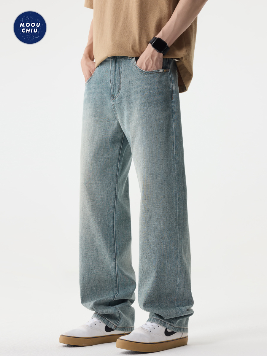 Muqiu Men's Clothing | Four-Way Stretch Tencel Lyocell Jeans for Men, Loose Straight Vintage Washed Long Pants