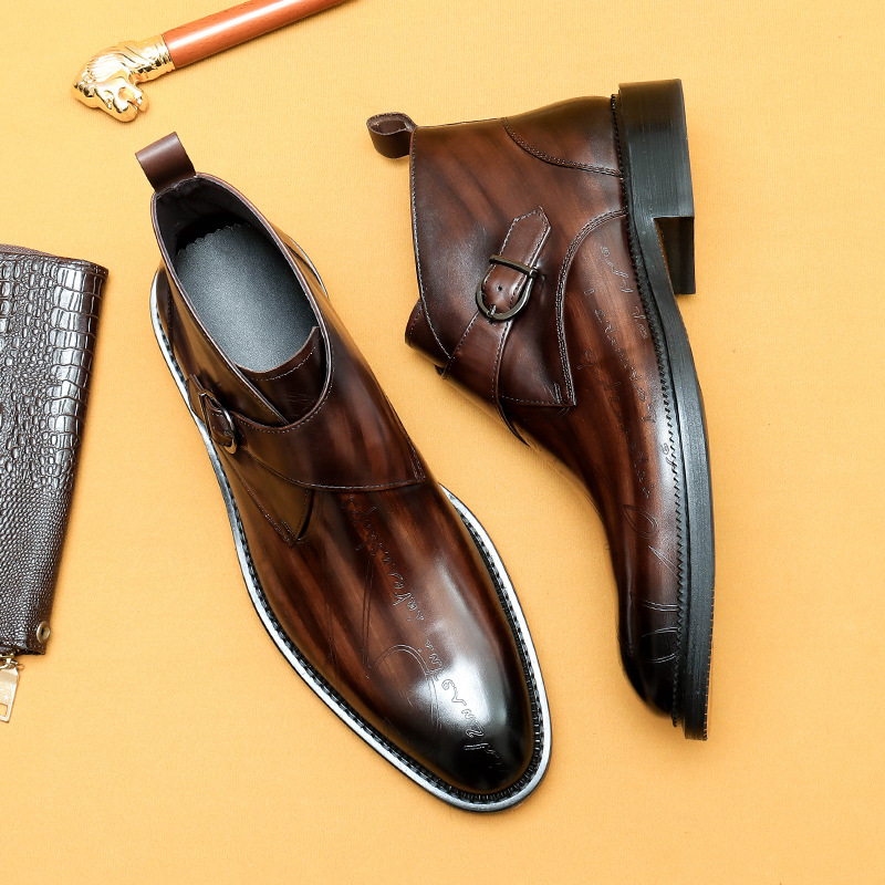 [vip for] Winter Martin Boots Leather British Carved Business Dress High-top Leather Shoes Pointed Men's Boots