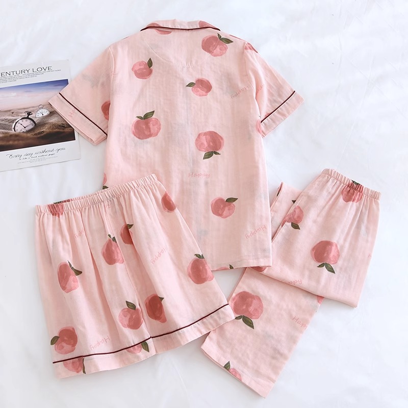 Sweet and Youthful Style Spring and Summer Pajamas for Women, Cute Cardigan Short-Sleeved Three-Piece Set, Women's Plus Size Casual Home Wear