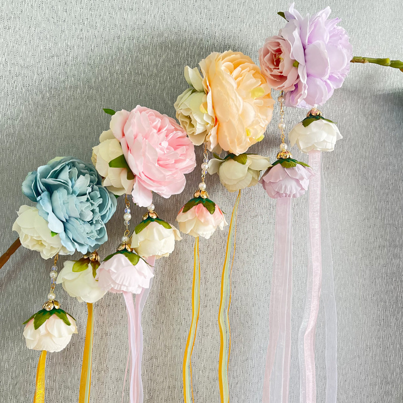 Good Goods, Silk Flower Streamers, Fairy-Like Light-Colored Hairpins, Ribbons, Fake Flower Hairpins, Song Dynasty Tang Style Accessories, Flower Headdresses
