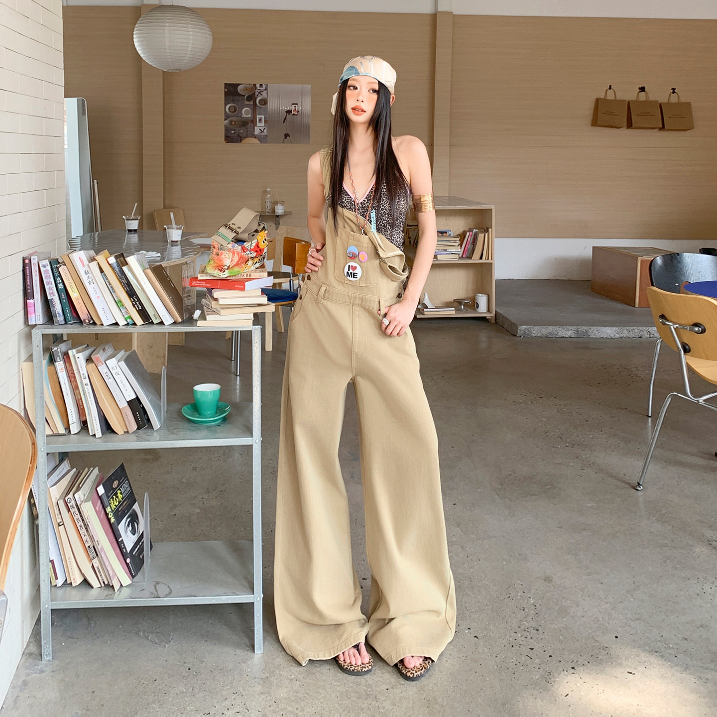 Khaki Color Youthful Denim Overalls for Women 2026 Spring/Summer New High-Waisted Loose Slimming Stylish Jumpsuit Wide-Leg Pants