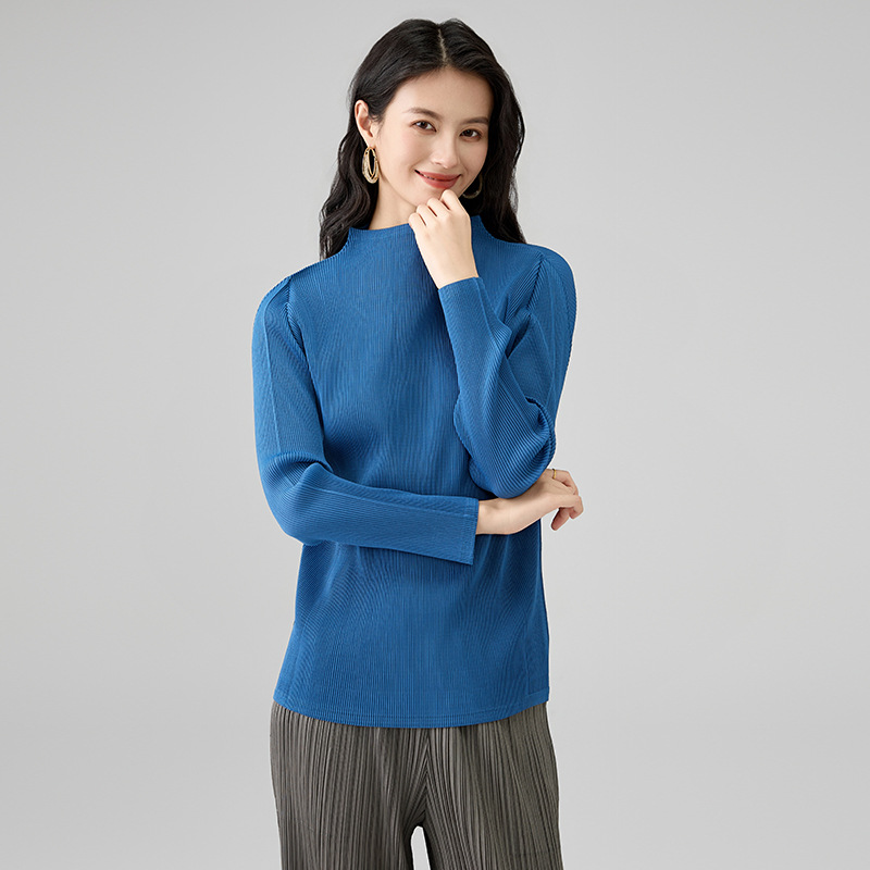 High-Bottom Pleated Long-Sleeved Top 2025 Spring New Elegant Half Turtleneck Slim Fit Versatile Pure Color Bottoming Shirt T-Shirt