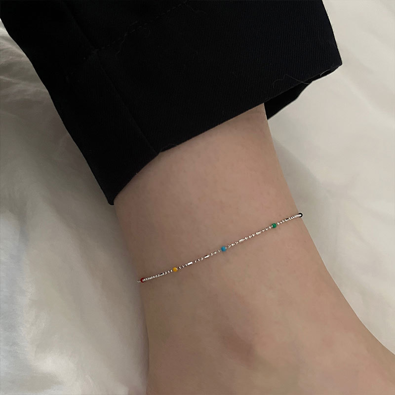 s925 All-Body Sterling Silver Rainbow Bean Anklet Female Korean Simple and Meticulous Small Student Girlfriend Accessories F4201