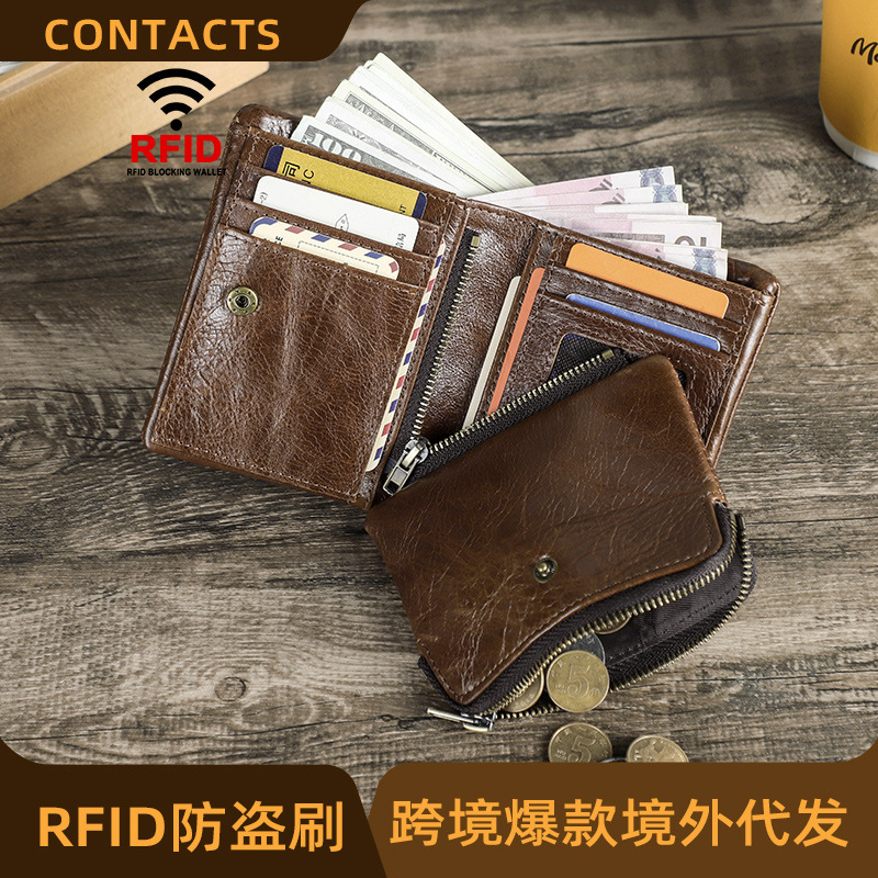 Black Angel first layer cowhide RFID anti-theft brush tri-fold Men's wallet fashion detachable zipper wallet spot