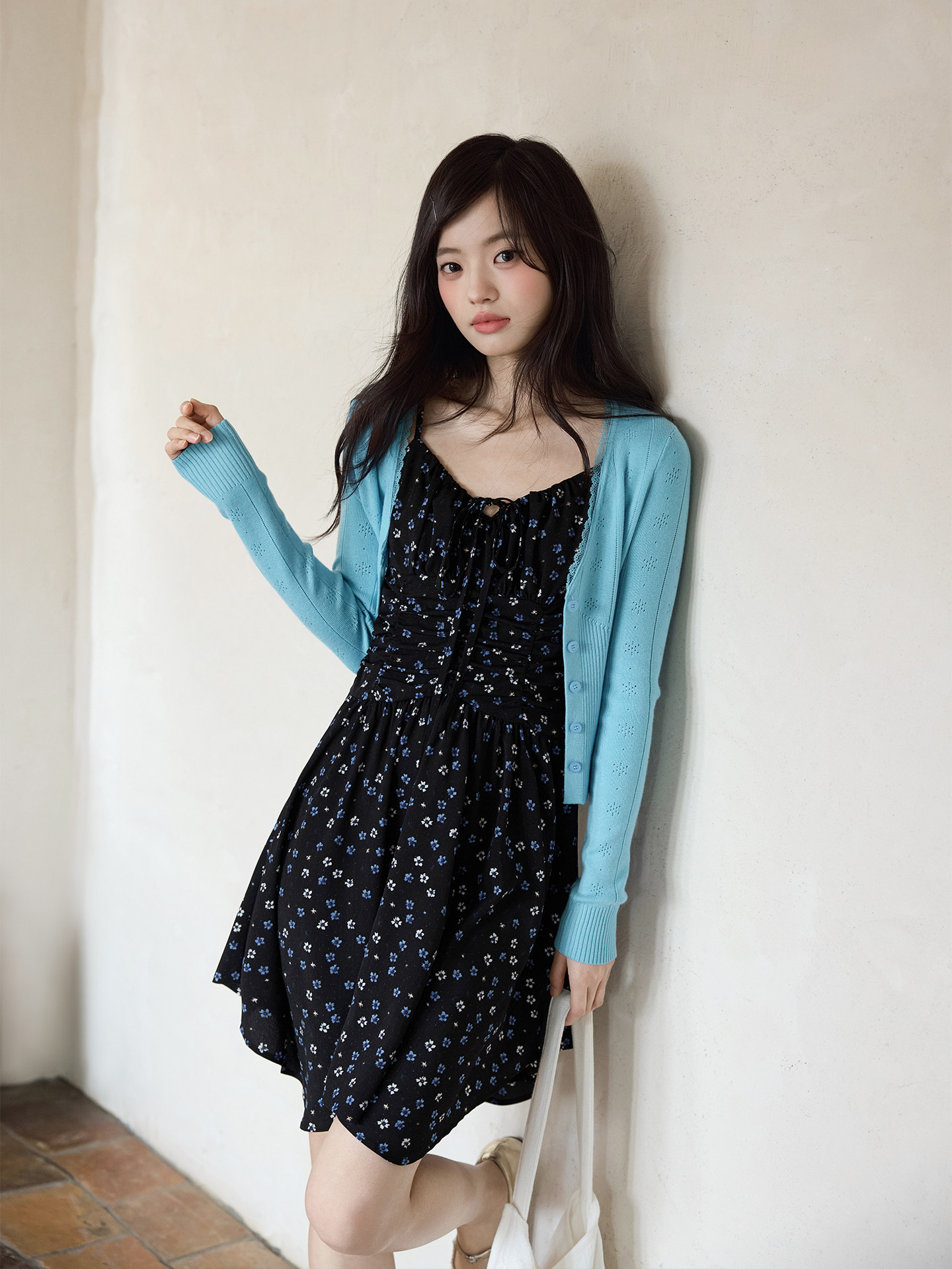 Ximeng 2026 New Spring Korean-Style Elegant Dress for Petite Women, Unique Niche Navy Blue Floral Strap Dress