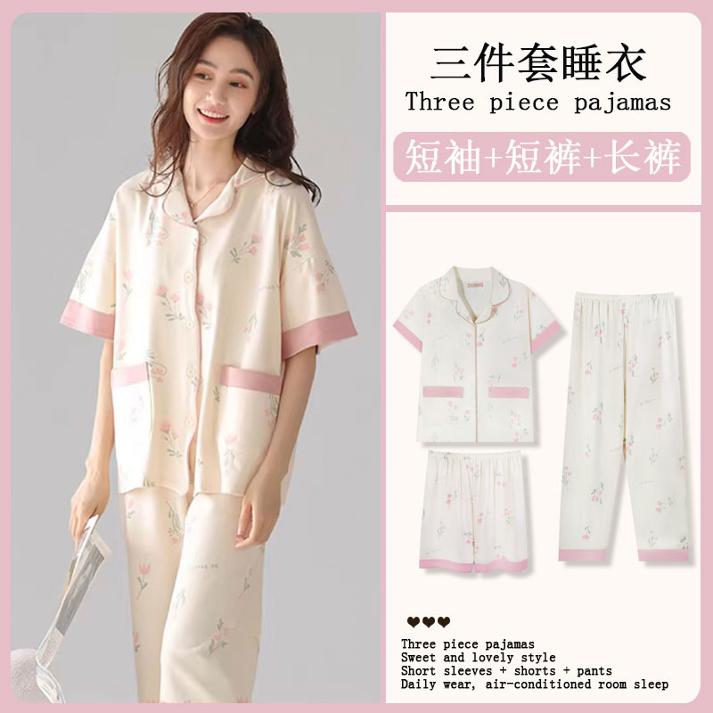 Factory Direct Sale Fresh Pastoral Style Pajamas for Women, Sweet Little Floral Print, Spring and Summer Short-Sleeved Home Wear, Large Size Three-Piece Set