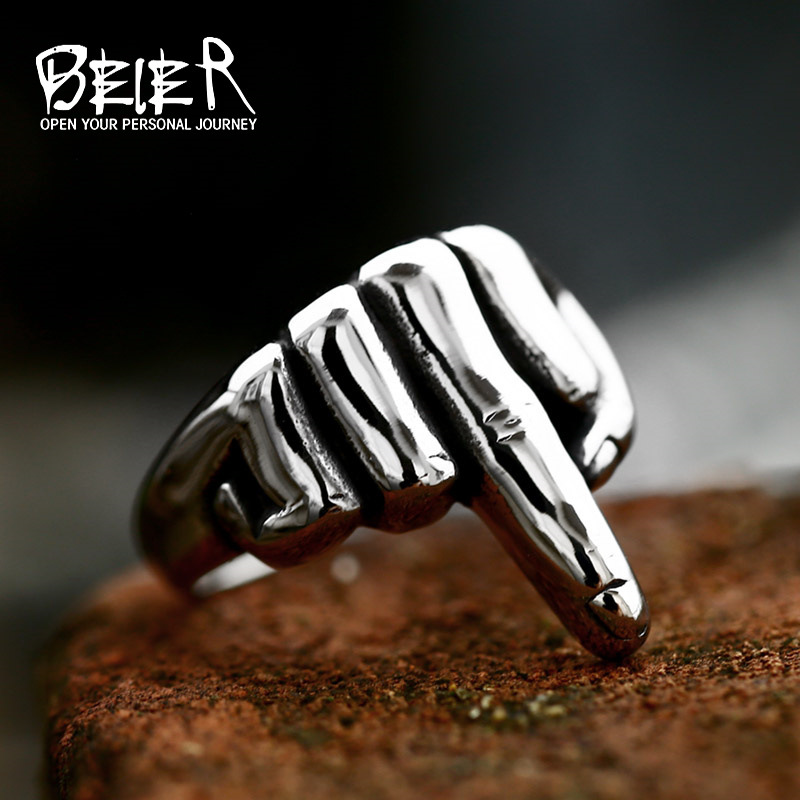 beier stainless steel casting vintage men's ring wholesale cross-border hot selling titanium steel vertical middle finger punk ring