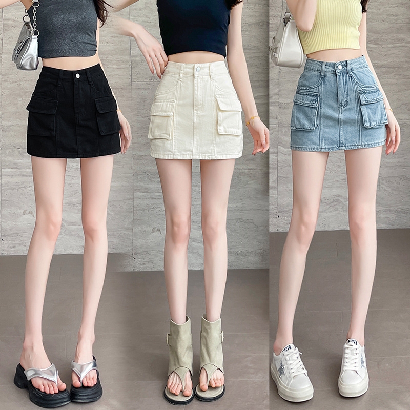 Women's Double Pocket Anti-Exposure A-Line Skirt, New Summer Korean Retro Versatile Workwear Half Skirt