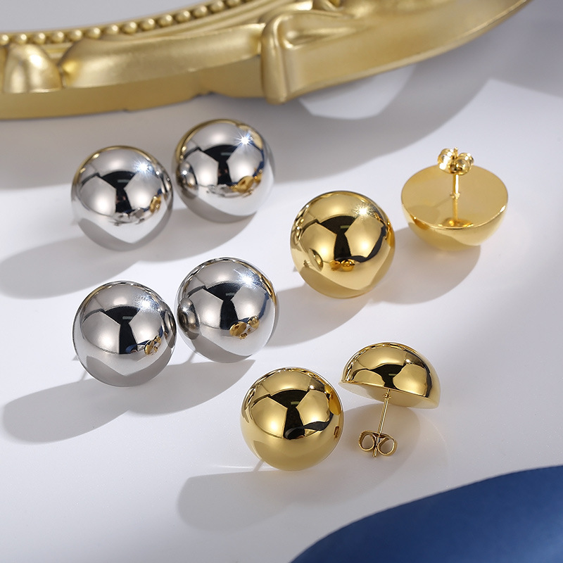 European and American Personality Creative Fashion Stainless Steel Hemisphere Hollow Earrings Exaggerated Internet Celebrity Women's Simple and Generous Light Luxury Earrings