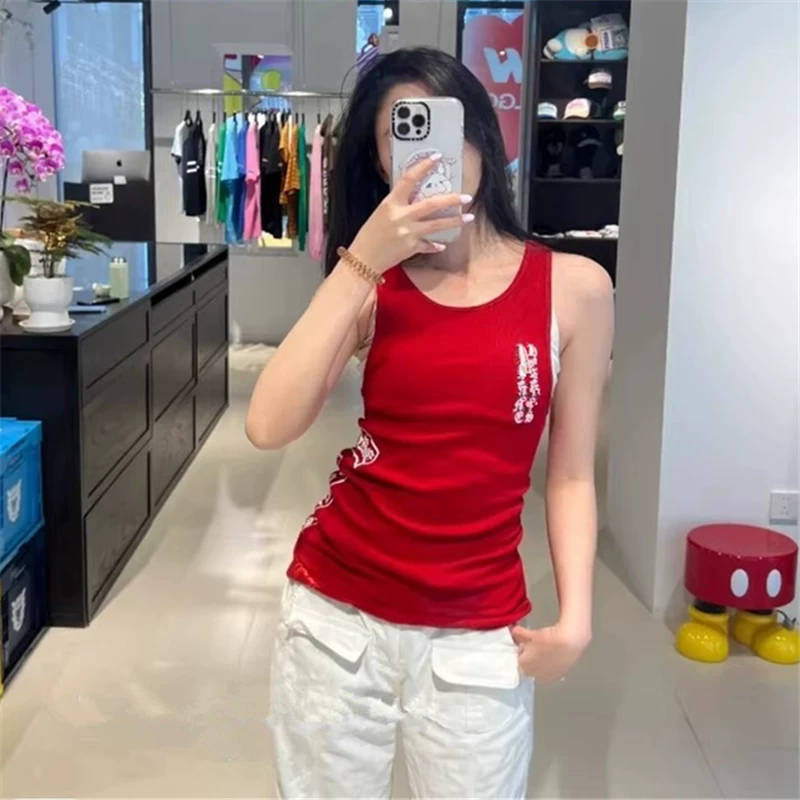 红色梵文印花长款吊带背心女夏季纯欲辣妹修身显瘦弹力无袖上衣潮