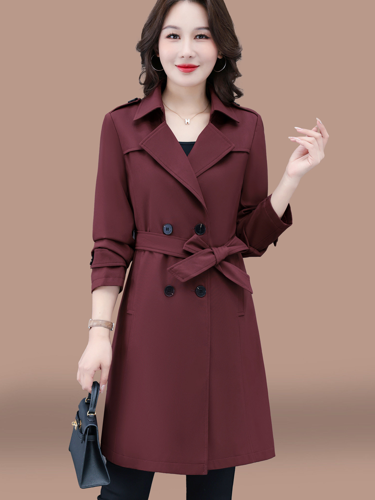 Mid-Length Trench Coat for Women, Spring and Autumn 2026 New Style, Fashionable Waist-Cinching Tie with Suit Collar for Middle-Aged Moms