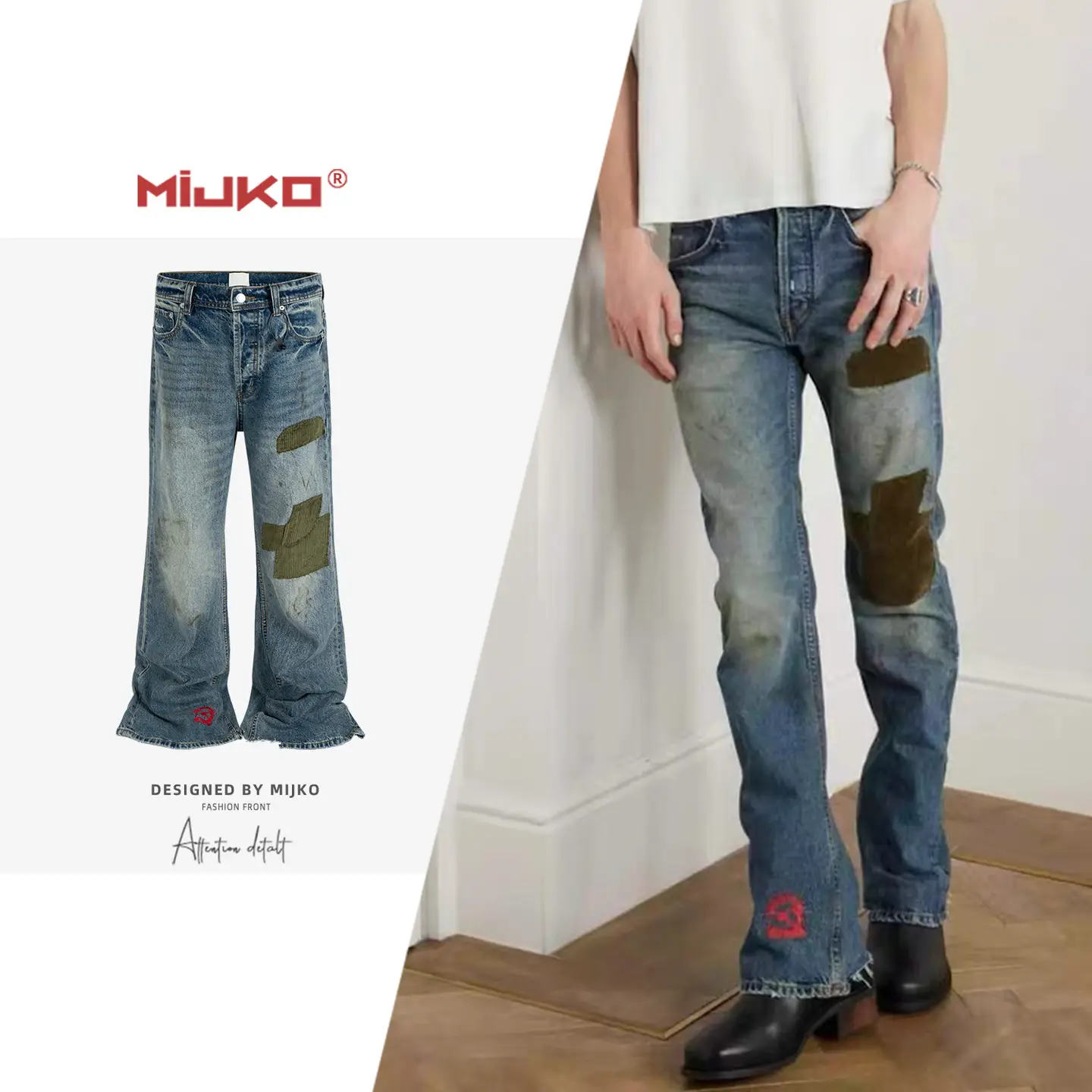 Mijko Men's and Women's Corduroy Patch Embroidered Jeans for Men and Women, Washed, Distressed, Slightly Flared, Wide-Leg Pants