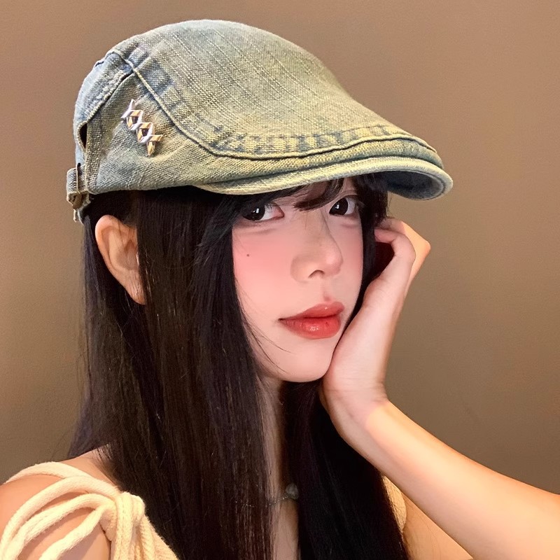 Reversible Washed Denim Newsboy Cap for Women, Japanese Style Sweet and Cool Beret for Small Faces, Large Head Circumference Trendy Newsboy Hat
