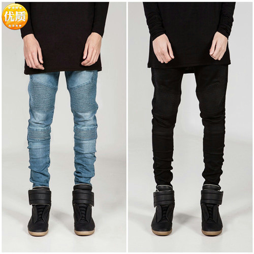 Cross-border Trade BIKER JEANS Trendy Brand Motorcycle Pants EBAY Hot Selling Wrinkled Slim-fit Leg Stretch Jeans