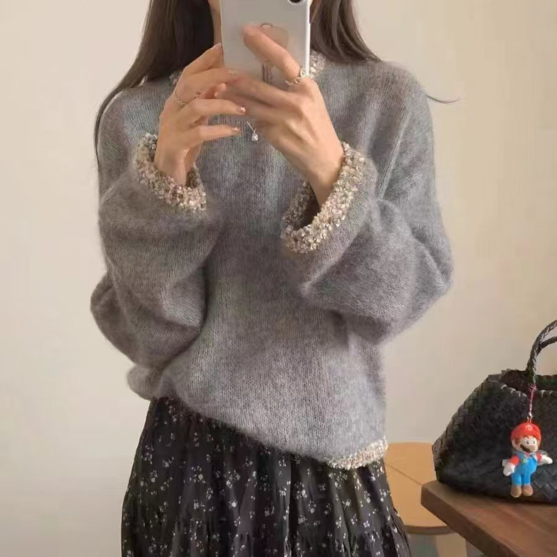 2024 autumn and winter design neckline hem bright silk solid color mohair sweater women's sense of small foreign style sweater