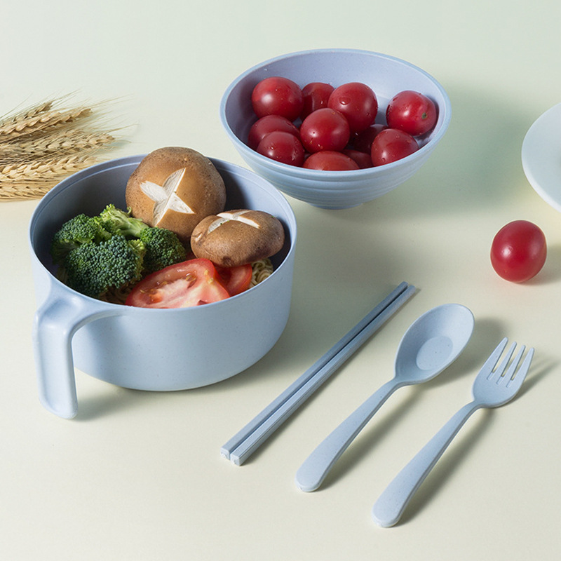 Instant Noodle Bowl Made of Thickened Wheat Straw, Suitable for Student Dormitories and Home Use, with Fork, Spoon, and Chopsticks, Large Capacity Bowl with Lid and Handle