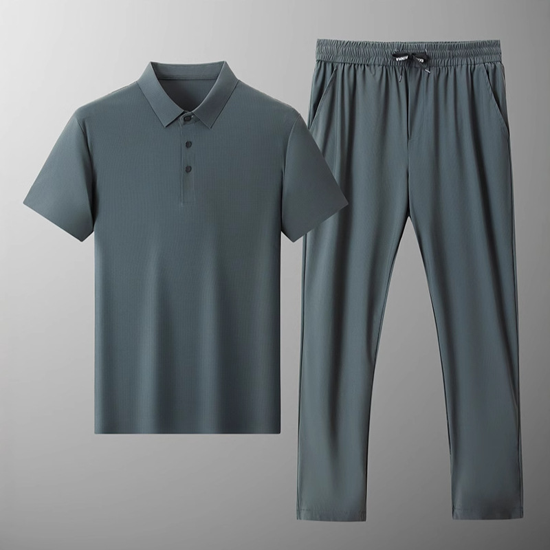 Men's Short-Sleeved T-Shirt and Long Pants Casual Suit for Middle-Aged Dads, Two-Piece Set, Ice Silk Seamless Polo Two-Piece Set