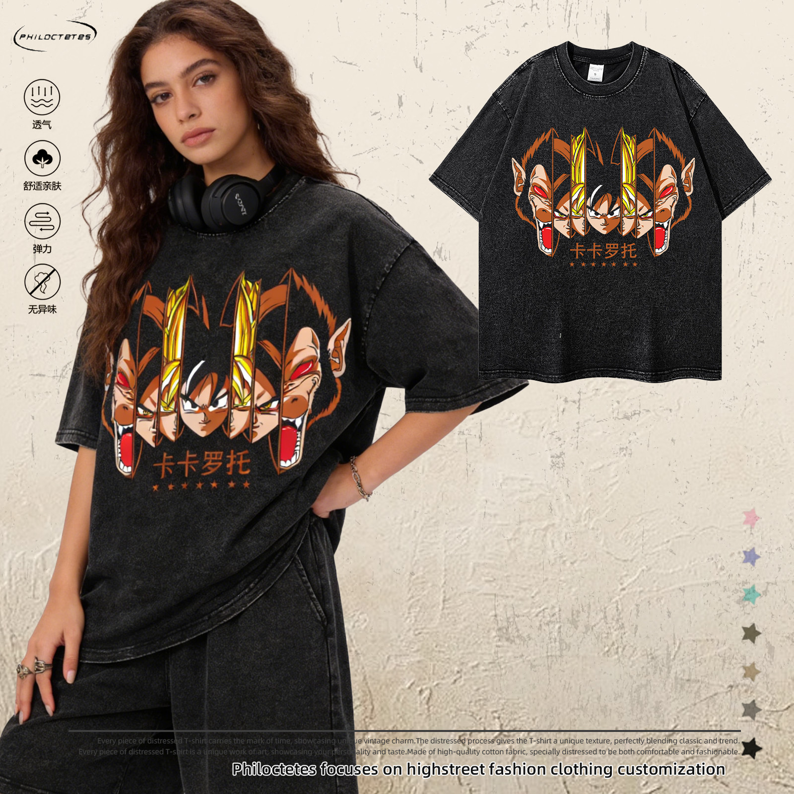 Trendy Japanese Anime Print Short-Sleeve T-Shirt with Vintage American Style, Distressed Floral Design, Round Neck, Pullover, Oversized Fit, Cross-Border