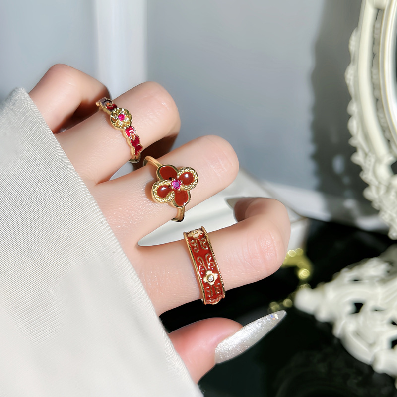 Vintage Hong Kong-style Red Drop Glaze High-grade Open-end Ring Women's Ancola Fashion All-match Finger Ring Cold-style Niche
