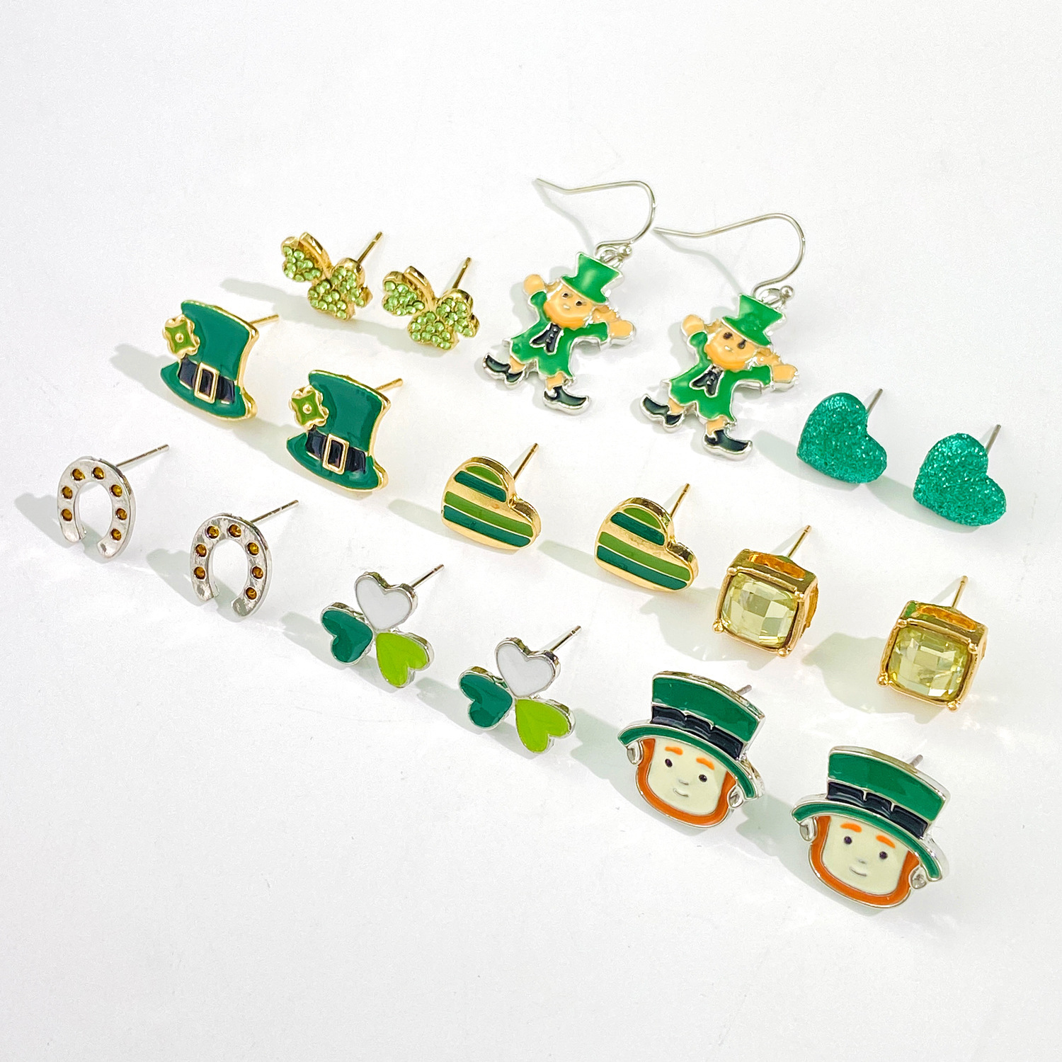 Cross-border New St. Patrick's Day Irish Clover Hat Alloy Oil Dropping Three-piece Earrings Set Jewelry